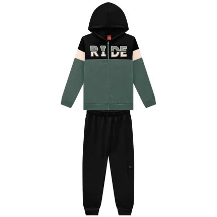 Conjunto Moletom Felpado RIDE Jaqueta Capuz + Calça Kyly 1000851 Menino – Verde / Preto