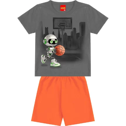 Conjunto Masculino SPORT Camiseta Manga Curta + Bermuda Kyly 1001061 – Chumbo/Laranja