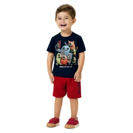 Conjunto Masculino MONSTER SELFIE Camiseta Manga Curta + Bermuda Kyly 1001062 – Marinho/Vermelho
