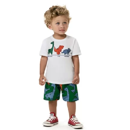 Conjunto Masculino DINOSSAURO Camiseta Manga Curta + Bermuda Kyly 1001064 – Branco/Verde