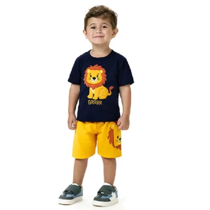 Conjunto Masculino LEÃOZINHO Camiseta Manga Curta + Bermuda Kyly 1001068 – Marinho/Amarelo