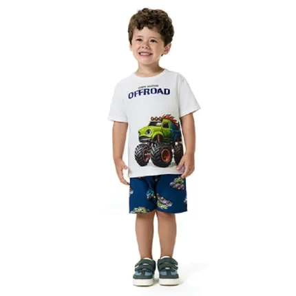 Conjunto Masculino DINO OFF-ROAD Camiseta Manga Curta + Bermuda Kyly 1001083 – Branco / Azul