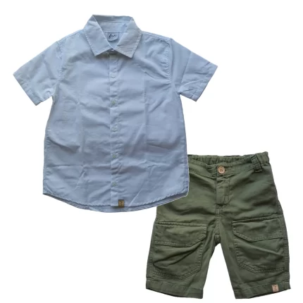 Conjunto Social Camisa Manga Curta + Bermuda em Sarja Fun Jeans 1301 Masculino – Branco / Verde Oliva