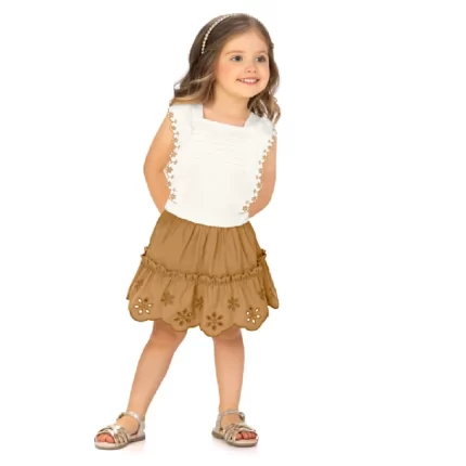 Conjunto Feminino FLORAL Blusa Regata + Saia-Shorts Milon 2001027 – Offwhite / Nude