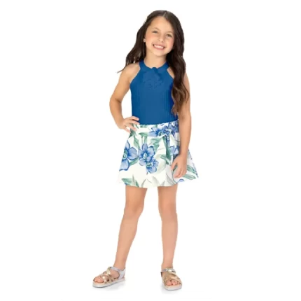 Conjunto Feminino FLORAL Blusa Regata + Saia-Shorts Milon 2001051 – Azul Pacífico / Branco