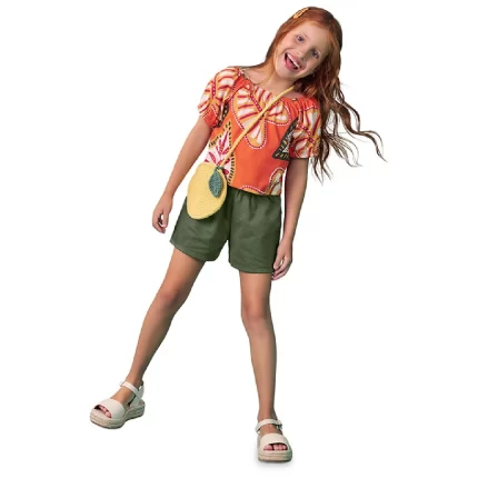 Conjunto Feminino TROPICAL Blusa Boxy Manga Curta + Short Nanai 6000300 – Laranja/Verde