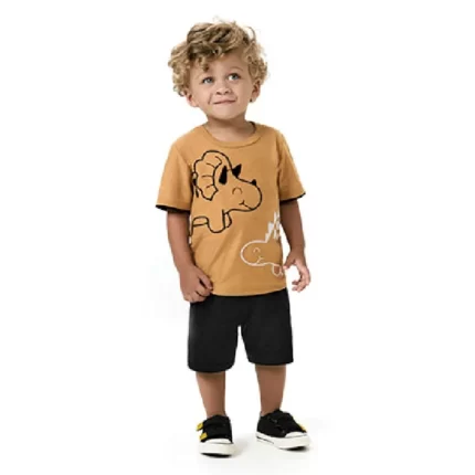 Conjunto Masculino DINOSSAURO Camiseta Manga Curta + Bermuda Kyly 1001054 – Cáqui / Preto