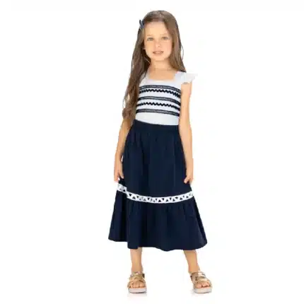 Conjunto Feminino Festa WAVES Blusa Regata + Saia Midi Milon 2001049 – Branco / Marinho