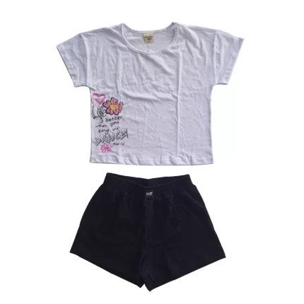 Conjunto Feminino LIFE Blusa Boxy Manga Curta + Short Have Fun 29620 – Branco / Preto