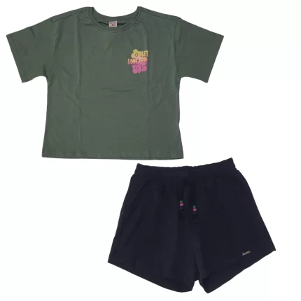 Conjunto Feminino LOVE Blusa Boxy Manga Curta + Short Have Fun 29624 – Verde / Preto