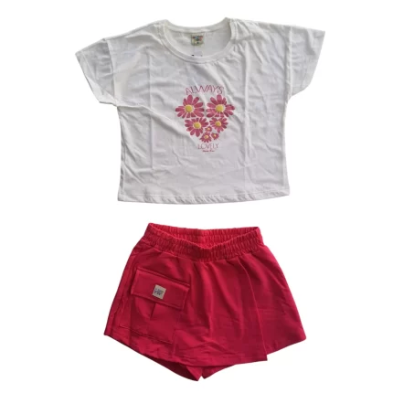 Conjunto Feminino LOVELY Blusa Boxy Manga Curta + Short-Saia Have Fun 29629 – Offwhite / Rose