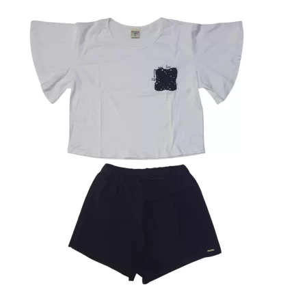 Conjunto Feminino FLOWER and LOVE Blusa Boxy Manga Curta + Short-Saia Have Fun 29633 – Offwhite / Preto