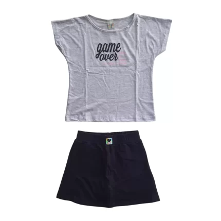 Conjunto Feminino GAME OVER Blusa Boxy Manga Curta + Saia-Short Have Fun 29638 – Mescla / Preto