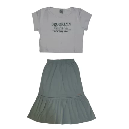 Conjunto Feminino Festa BROOKLIN Blusa Boxy Manga Curta + Saia Midi Have Fun 29640 – Offwhite / Verde