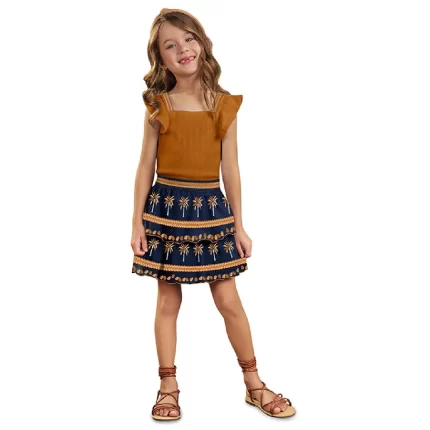 Conjunto Feminino Festa COQUEIROS Blusa Manga Curta + Saia-Short Nanai 6000302 – Caramelo / Marinho