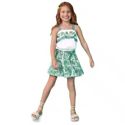 Conjunto Feminino FOLHAGEM Blusa Boxy Manga Curta + Saia-Short Nanai 6000306 – Branco/Verde