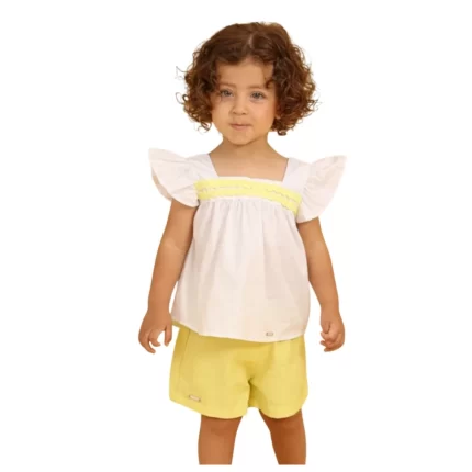 Conjunto Feminino RAIO de SOL Bata Manga Curta + Short Brunisa 199 – Branco / Limão Siciliano