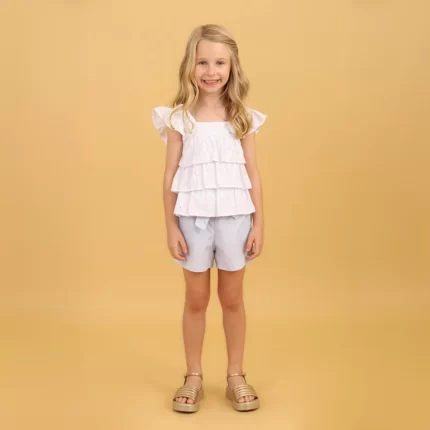 Conjunto Feminino Bata Manga Curta em Laise + Short Brunisa 688 – Branco / Azul