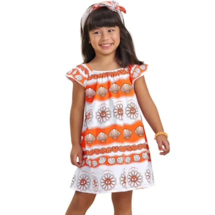 Vestido Manga Curta CONCHAS Nanai 6000322 Feminino 100% Algodão – Branco / Laranja