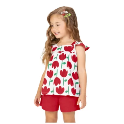 Conjunto Feminino TULIPA Blusa Manga Curta + Short Kyly 1001284 – Branco/Vermelho