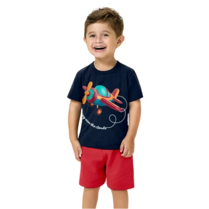 Conjunto Masculino AVIÃO Camiseta Manga Curta + Bermuda Kyly 1001326 – Marinho / Vermelho