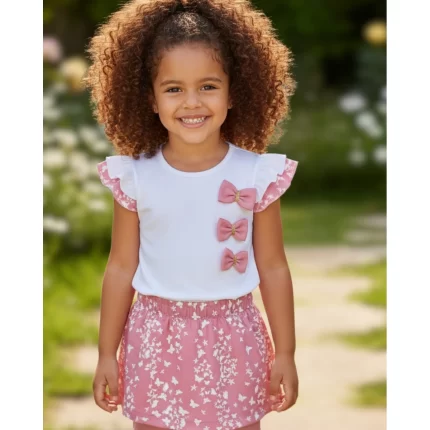 Conjunto Feminino Festa BORBOLETAS Blusa Manga Curta + Short-Saia Milon 2001267 – Branco / Pêssego