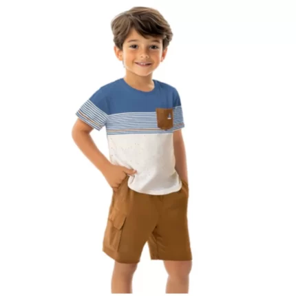 Conjunto Masculino VELEIRO Camiseta Manga Curta + Bermuda Milon 2001342 – Azul / Cáqui