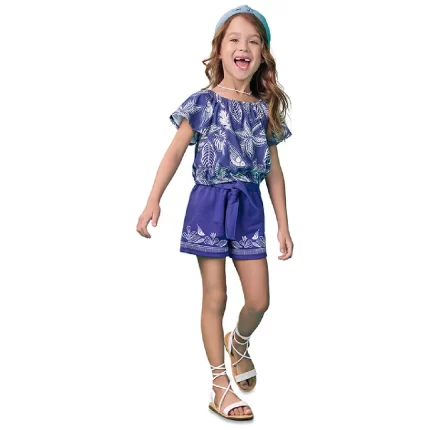 Conjunto Feminino TROPICAL Blusa Boxy Manga Curta + Short Nanai 6000304 – Azul Mônaco/Branco