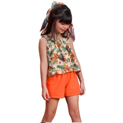Conjunto Feminino TROPICAL Blusa Boxy Alças + Short Nanai 6000370 – Bege Whey / Laranja