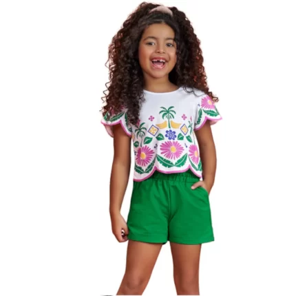 Conjunto Feminino TROPICAL Blusa Boxy Manga Curta + Short Nanai 6000371 – Branco/Verde