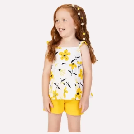 Conjunto Feminino FLORAL Blusa Manga Curta + Shorts Kyly 1001283 – Branco / Amarelo