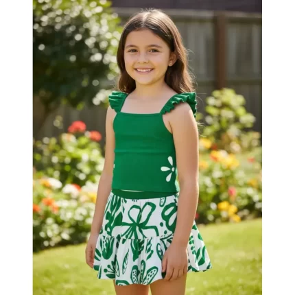 Conjunto Feminino FOLHAGEM Blusa Boxy Manga Curta + Short-Saia Kyly 1001316 – Verde-Itália/Branco