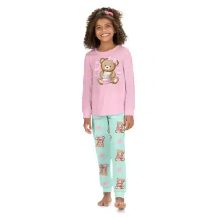 Pijama Longo URSINHA CUP CAKE Brilha no Escuro Kyly 1001644 Feminino – Rosa / Verde-Água