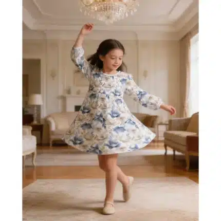 Vestido Manga Longa FLORAL Milon 2001552 Feminino – Bege-Whey / Azul