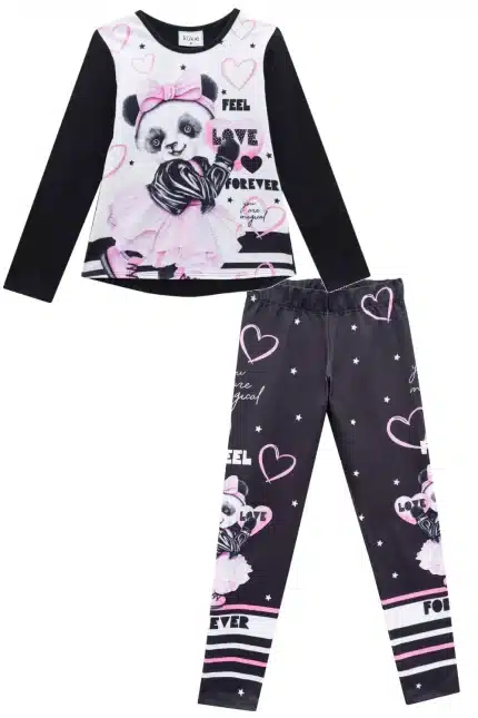 Conjunto URSINHA Blusa Manga Longa + Legging Estampada Kukiê 46147 Feminino - Branco / Preto