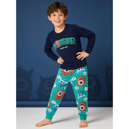 Pijama Longo MONSTER Brilha no Escuro Kyly 1001653 Masculino – Marinho / Verde