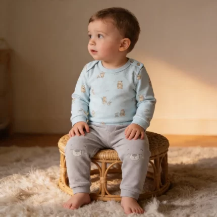 Conjunto Bebê em Plush URSOS Body Manga Longa + Calça Saruel Letut 19574 Menino – Verde / Cinza