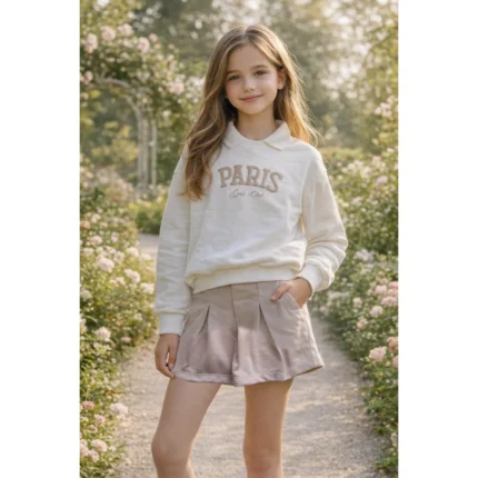 Conjunto PARIS Blusão Manga Longa + Short-Saia Have Fun 30168 Feminino – Offwhite / Areia