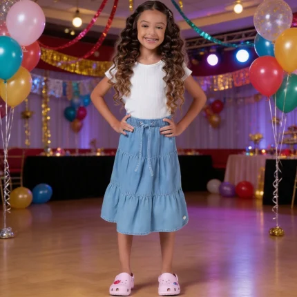 Saia Midi Jeans Comfort Mania Kids 6494 Feminino – Índigo Blue Lavado