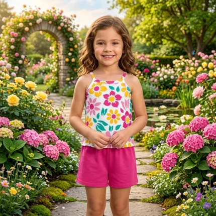 Conjunto Feminino TROPICAL Blusa com Alças + Shorts Kyly 1001812 – Branco / Pink