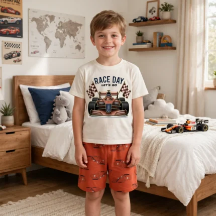 Pijama Curto RACE DAY Brilha no Escuro Kyly 1001973 Masculino – Offwhite / Terracota