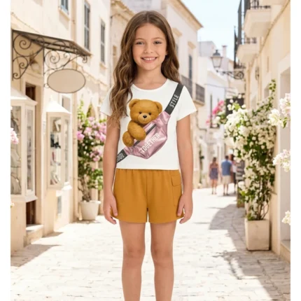 Conjunto Feminino URSINHO Blusa Boxy Manga Curta + Shorts Kyly 1002001 – Offwhite / Caramelo