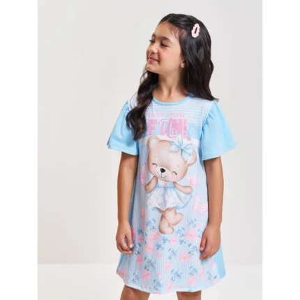 Vestido Manga Curta URSINHA com Laço Cinti 13261200 Feminino – Azul