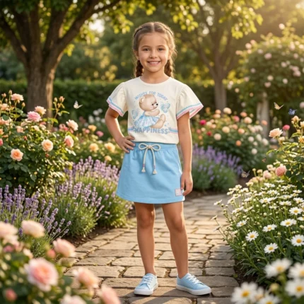 Conjunto Feminino URSINHA Blusa Boxy Manga Curta + Short-Saia Cinti 61580 – Offwhite / Azul