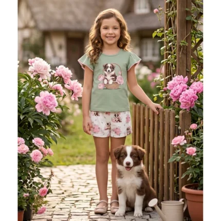 Conjunto Feminino FLORAL Blusa Manga Curta + Short Milon 2001734 – Verde-Chá / Offwhite