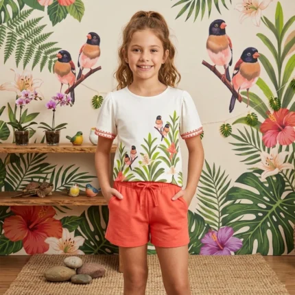 Conjunto Feminino TROPICAL Blusa Manga Curta + Short Nanai 6000493 – Offwhite / Salmom