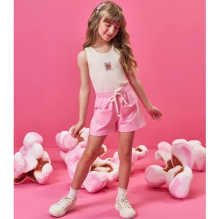 Conjunto Feminino LOVE Blusa Regata + Short Cinti 61380 – Offwhite / Rosa