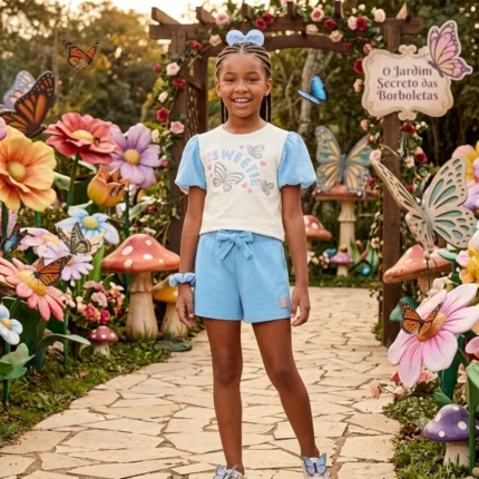 Conjunto Feminino Princesinha SWEETIE Blusa Manga Curta + Short Cinti 61390 – Offwhite / Azul