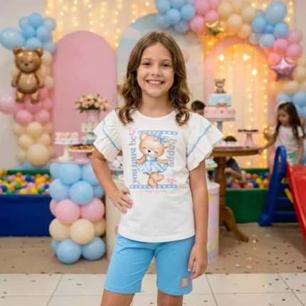 Conjunto Feminino URSINHA Happy Blusa Manga Curta + Bermuda Ciclista Cinti 61740 – Offwhite / Azul