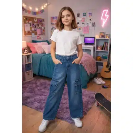 Calça Jeans Confort Cargo Feminina Mania Kids 6497 – Índigo Blue Lavado